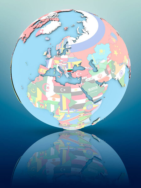 Болгария на политическом глобусе с национальными флагами на отражающей поверхности. 3D иллюстрация
.