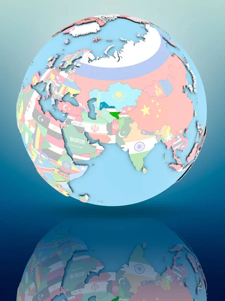 Yansıtıcı yüzeyi ülke bayrakları ile Özbekistan siyasi dünya üzerinde. 3D çizim.