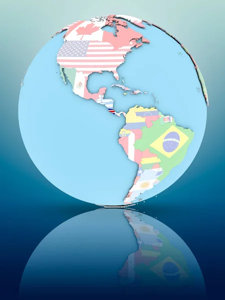 Costa Rica Auf Politischem Globus Mit Nationalflaggen Auf Reflektierender Oberfläche — Stockfoto