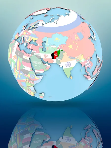 Yansıtıcı yüzeyi ülke bayrakları ile Afganistan siyasi dünya üzerinde. 3D çizim.