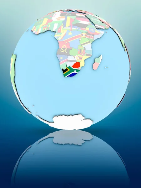 Sydafrika Politiska Jordglob Med Nationella Flaggor Reflekterande Yta Illustration — Stockfoto