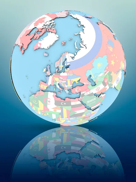 Yansıtıcı yüzeyi ülke bayrakları ile Estonya siyasi dünya üzerinde. 3D çizim.