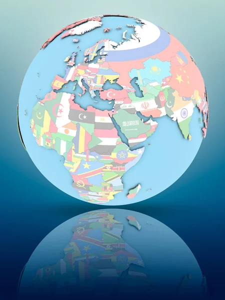 Yansıtıcı yüzeyi ülke bayrakları ile İsrail siyasi dünya üzerinde. 3D çizim.