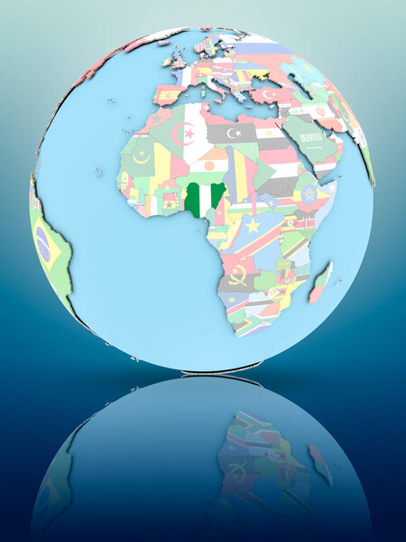 Nigeria on political globe with national flags on reflective surface. 3D illustration.