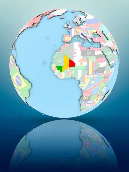 Mali Politieke Wereldbol Met Nationale Vlaggen Reflecterend Oppervlak Illustratie — Stockfoto