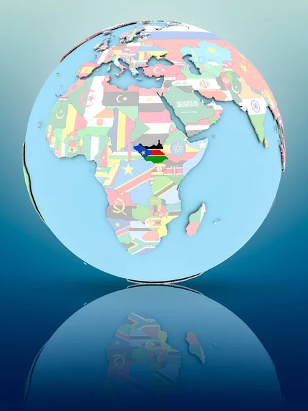 Södra Sudan Politiska Jordglob Med Nationella Flaggor Reflekterande Yta Illustration — Stockfoto