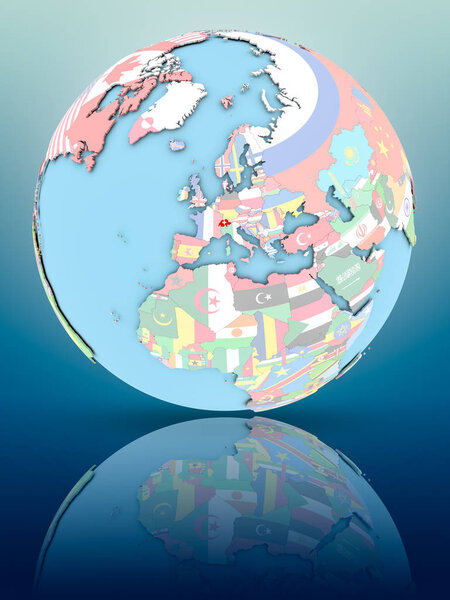 Швейцария на политическом глобусе с национальными флагами на отражающей поверхности. 3D иллюстрация
.