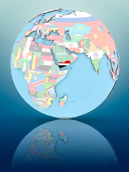 Yansıtıcı yüzeyi ülke bayrakları ile Yemen siyasi dünya üzerinde. 3D çizim.