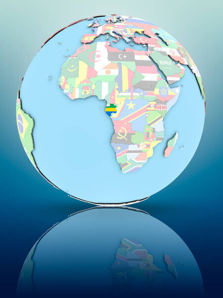 Gabon on political globe with national flags on reflective surface. 3D illustration.