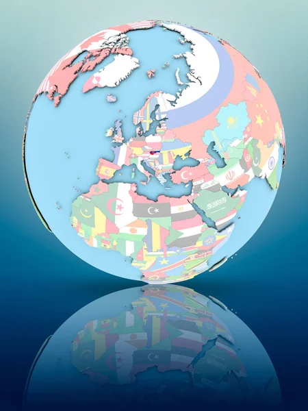 Yansıtıcı yüzeyi ülke bayrakları ile Slovakya siyasi dünya üzerinde. 3D çizim.