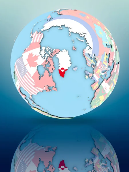 Yansıtıcı yüzeyi ülke bayrakları ile Grönland siyasi dünya üzerinde. 3D çizim.