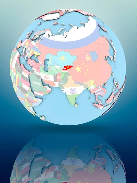 Yansıtıcı yüzeyi ülke bayrakları ile Kırgızistan siyasi dünya üzerinde. 3D çizim.