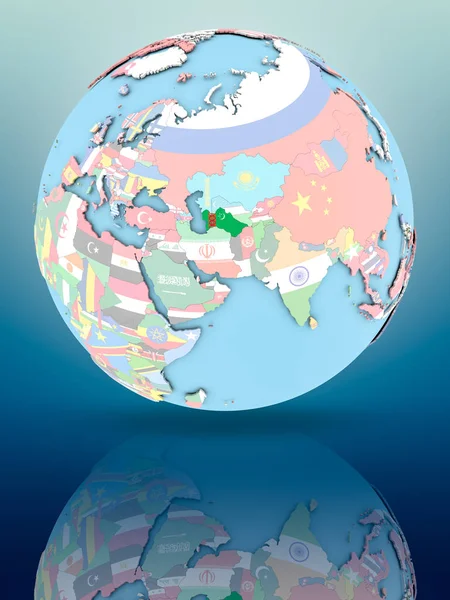 Yansıtıcı yüzeyi ülke bayrakları ile Türkmenistan siyasi dünya üzerinde. 3D çizim.