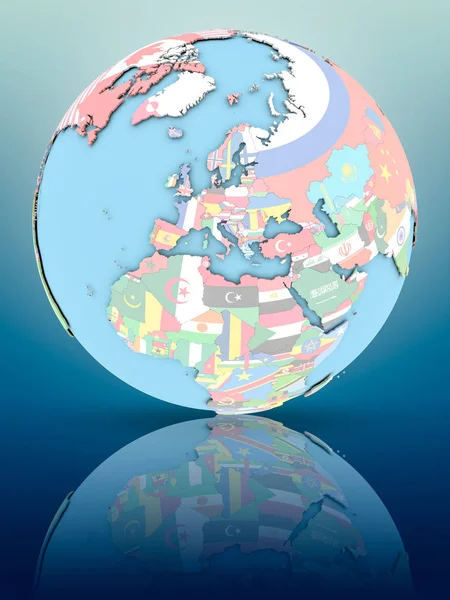 Yansıtıcı yüzeyi ülke bayrakları ile Slovenya siyasi dünya üzerinde. 3D çizim.