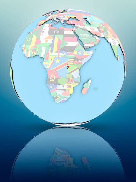 Burundi on political globe with national flags on reflective surface. 3D illustration.