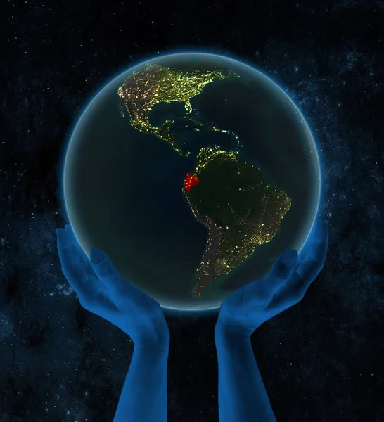 Эквадор Ночью Земля Руках Космосе Иллюстрация — стоковое фото