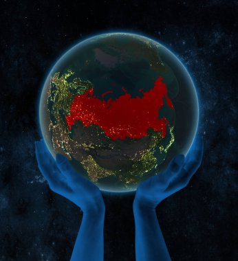 Rusya gece dünya uzayda elinde. 3D çizim.