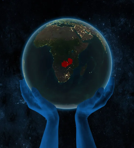 Замбия Ночью Земля Руках Космосе Иллюстрация — стоковое фото