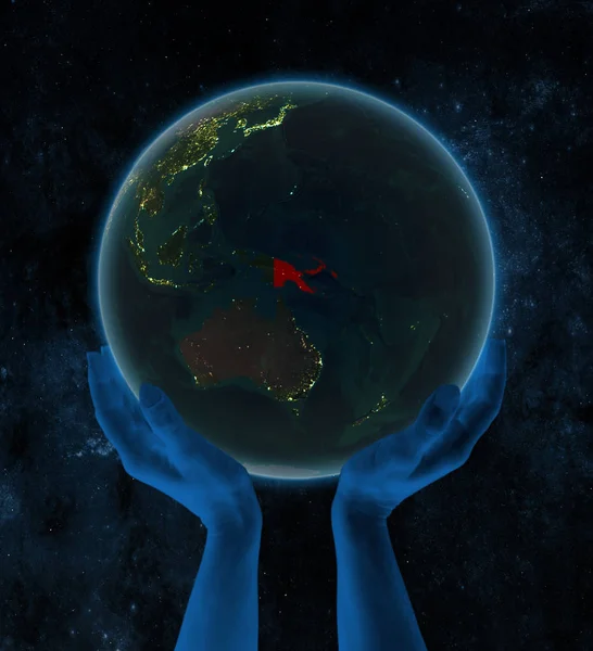 Папуа Новая Гвинея Ночью Земля Руках Космосе Иллюстрация — стоковое фото