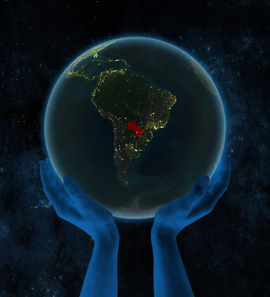 Paraguay Auf Der Nächtlichen Erde Händen Weltraum Illustration — Stockfoto