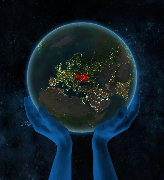 Ucrânia Noite Terra Mãos Espaço Ilustração — Fotografia de Stock
