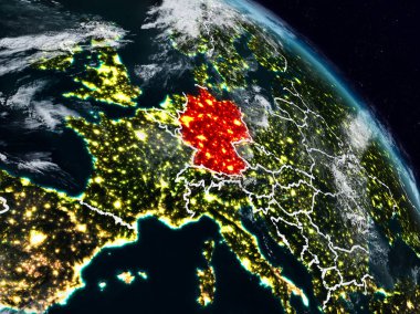 Almanya görünür ülke sınırları ile gece uzaydan. 3D çizim. Nasa tarafından döşenmiş bu görüntü unsurları.