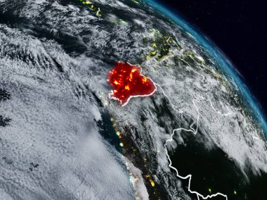 Ekvador görünür ülke sınırları ile gece uzaydan. 3D çizim. Nasa tarafından döşenmiş bu görüntü unsurları.