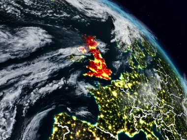 Uzaydan görünür ülke sınırları ile gece İngiltere. 3D çizim. Nasa tarafından döşenmiş bu görüntü unsurları.