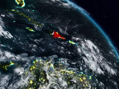 Dominik Cumhuriyeti görünür ülke sınırları ile gece uzaydan. 3D çizim. Nasa tarafından döşenmiş bu görüntü unsurları.