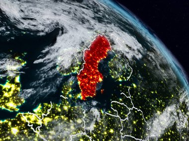 İsveç görünür ülke sınırları ile gece uzaydan. 3D çizim. Nasa tarafından döşenmiş bu görüntü unsurları.