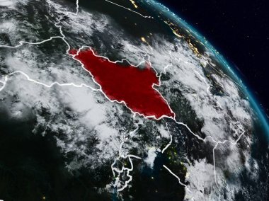 Güney Sudan görünür ülke sınırları ile gece uzaydan. 3D çizim. Nasa tarafından döşenmiş bu görüntü unsurları.