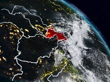 Tacikistan görünür ülke sınırları ile gece uzaydan. 3D çizim. Nasa tarafından döşenmiş bu görüntü unsurları.