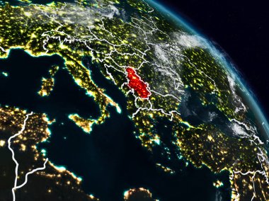 Sırbistan görünür ülke sınırları ile gece uzaydan. 3D çizim. Nasa tarafından döşenmiş bu görüntü unsurları.