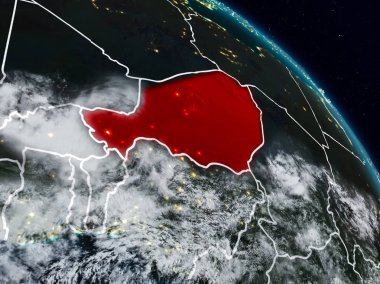 Nijer görünür ülke sınırları ile gece uzaydan. 3D çizim. Nasa tarafından döşenmiş bu görüntü unsurları.