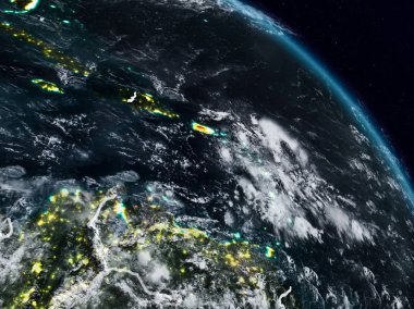 Porto Riko görünür ülke sınırları ile gece uzaydan. 3D çizim. Nasa tarafından döşenmiş bu görüntü unsurları.