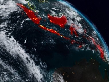 Endonezya görünür ülke sınırları ile gece uzaydan. 3D çizim. Nasa tarafından döşenmiş bu görüntü unsurları.