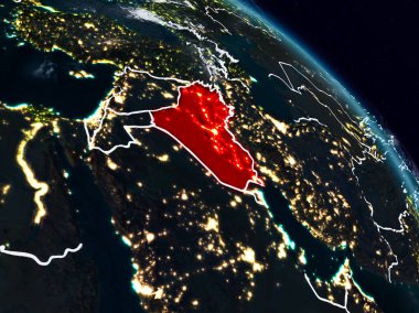 Irak görünür ülke sınırları ile gece uzaydan. 3D çizim. Nasa tarafından döşenmiş bu görüntü unsurları.