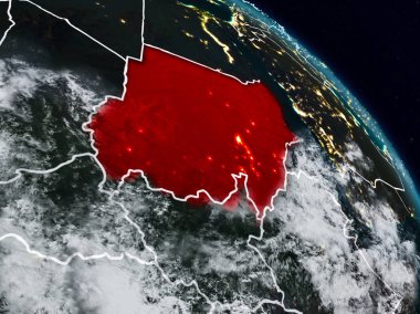 Sudan görünür ülke sınırları ile gece uzaydan. 3D çizim. Nasa tarafından döşenmiş bu görüntü unsurları.