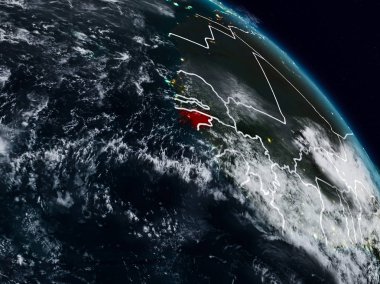 Gine-Bissau görünür ülke sınırları ile gece uzaydan. 3D çizim. Nasa tarafından döşenmiş bu görüntü unsurları.