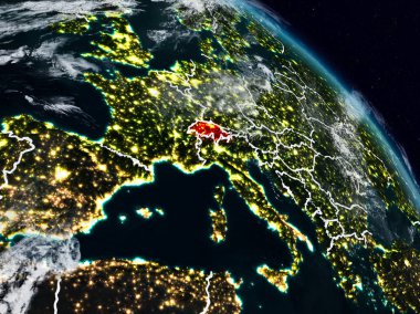 İsviçre görünür ülke sınırları ile gece uzaydan. 3D çizim. Nasa tarafından döşenmiş bu görüntü unsurları.
