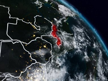 Malavi görünür ülke sınırları ile gece uzaydan. 3D çizim. Nasa tarafından döşenmiş bu görüntü unsurları.