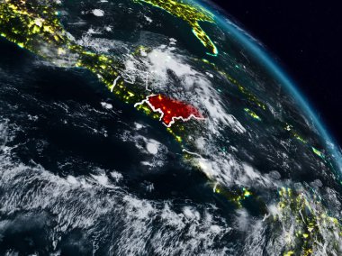 Honduras görünür ülke sınırları ile gece uzaydan. 3D çizim. Nasa tarafından döşenmiş bu görüntü unsurları.