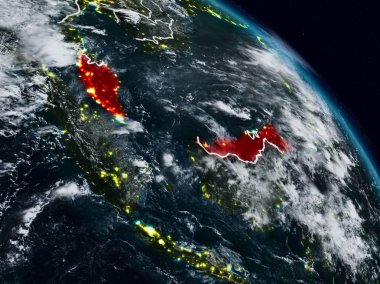 Malezya görünür ülke sınırları ile gece uzaydan. 3D çizim. Nasa tarafından döşenmiş bu görüntü unsurları.