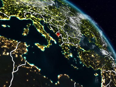 Karadağ görünür ülke sınırları ile gece uzaydan. 3D çizim. Nasa tarafından döşenmiş bu görüntü unsurları.