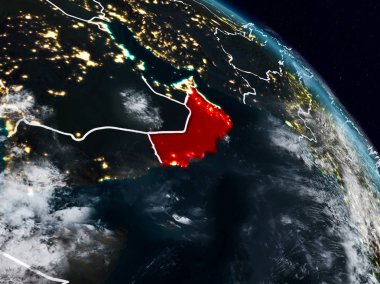 Umman görünür ülke sınırları ile gece uzaydan. 3D çizim. Nasa tarafından döşenmiş bu görüntü unsurları.