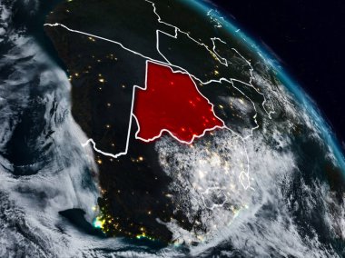 Botsvana görünür ülke sınırları ile gece uzaydan. 3D çizim. Nasa tarafından döşenmiş bu görüntü unsurları.