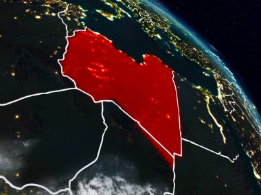 Libya görünür ülke sınırları ile gece uzaydan. 3D çizim. Nasa tarafından döşenmiş bu görüntü unsurları.
