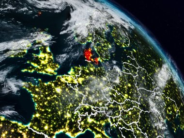 Danimarka görünür ülke sınırları ile gece uzaydan. 3D çizim. Nasa tarafından döşenmiş bu görüntü unsurları.