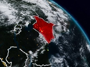 Kenya görünür ülke sınırları ile gece uzaydan. 3D çizim. Nasa tarafından döşenmiş bu görüntü unsurları.
