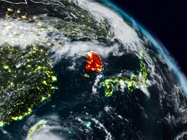 Güney Kore görünür ülke sınırları ile gece uzaydan. 3D çizim. Nasa tarafından döşenmiş bu görüntü unsurları.